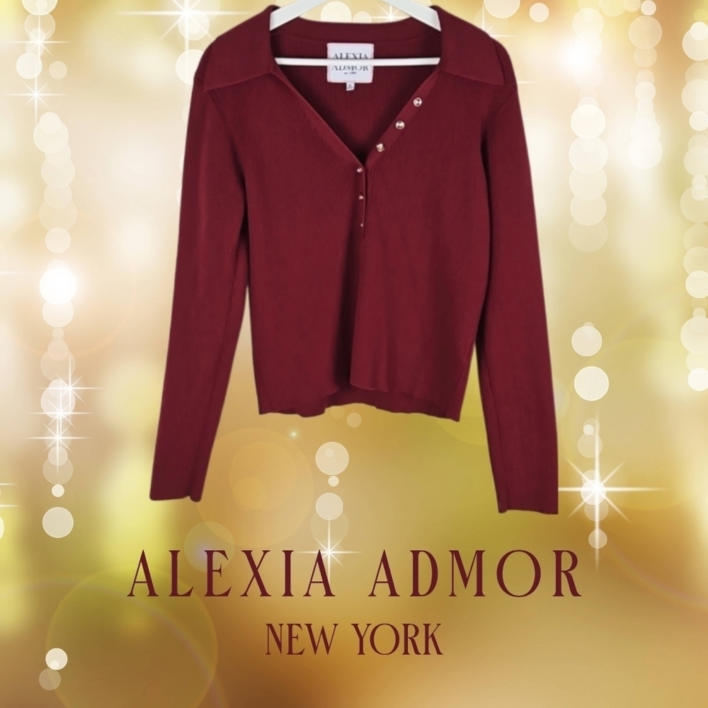 Alexia Admor Sweater Long Sleeve Burgundy Red Ribbed V-Neck, Size Womens XL